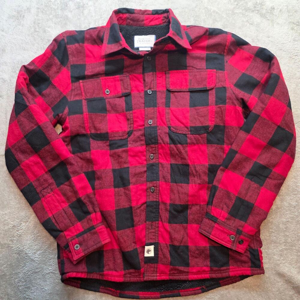 Boston Traders Quilted Shirt Jacket Mens M Red Plaid Flannel Sherpa Lined
